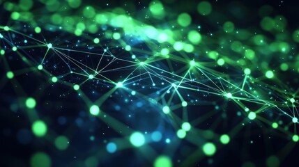 Fototapete - Abstract Network Green Blue Illuminated Nodes