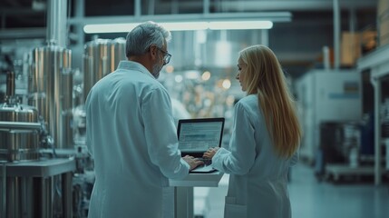 Wall Mural - two middle-aged professionals in lab coats engage in a collaborative discussion at a state-of-the-ar