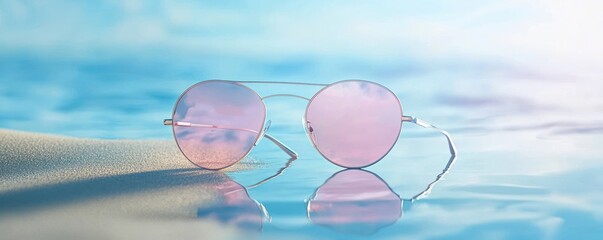 Poster - Pink Sunglasses Resting On Sandy Beach Near Ocean