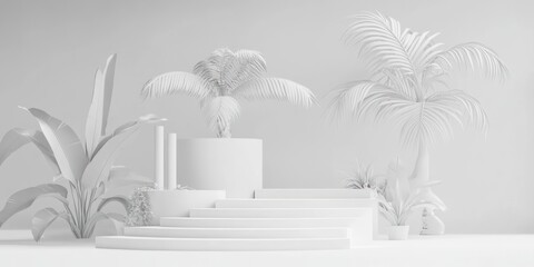 Wall Mural - White Minimalist Stage with Tropical Plants