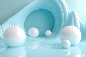 Fototapete - Abstract Blue Swirls and White Spheres Composition