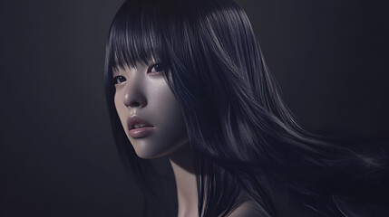 Wall Mural - Ethereal Portrait of a Young Woman with Long Dark Hair Under Soft Lighting, Capturing Emotion and Serenity in a Dark Background Setting