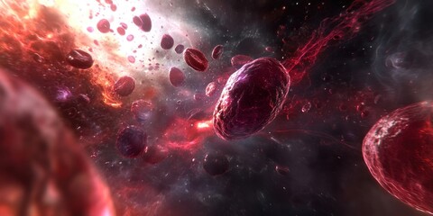 Poster - Red Celestial Bodies Moving Through Space Nebula