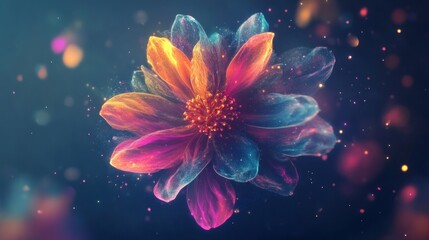 Poster - Vibrant Colorful Flower Glowing in Dark Space