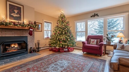 Wall Mural - Festive Christmas Living Room Decorated With Tree And Fireplace