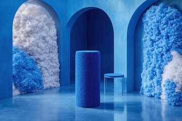 Fototapete - Blue Room With Fluffy Clouds And Central Pedestal