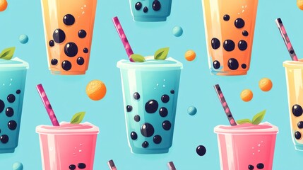 Aufkleber - Colorful Bubble Tea Drinks Pattern Delightful Summer Beverage