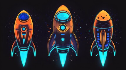 Fototapete - Three Futuristic Rockets Glowing Brightly In Space