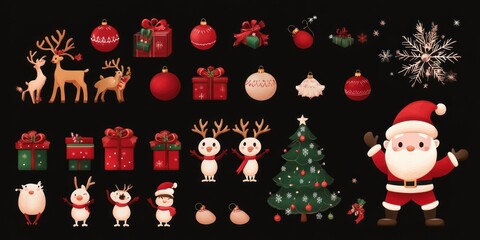 Wall Mural - Festive Christmas Collection Featuring Reindeer Santa And Ornaments