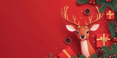 Sticker - Festive Reindeer Christmas Design With Gifts And Greenery