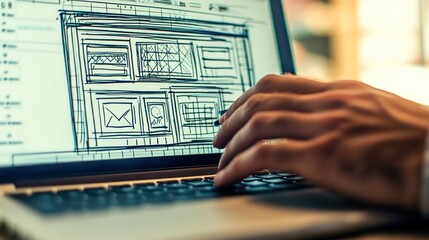 person sketching website design on laptop computer