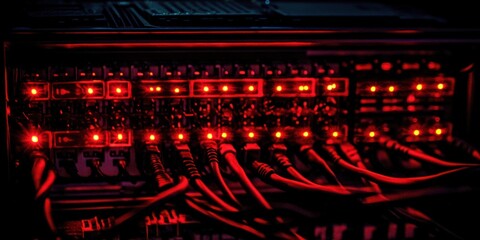 Fototapete - Red Illuminated Network Server Rack With Cables
