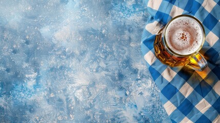 Wall Mural - A glass of beer sits on a blue and white checkered cloth. The background is a blue wall with a white paint