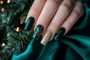 A close-up of beautifully manicured nails featuring glittery green and gold polish.