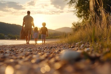 A father and two children stroll along a peaceful beach, with the golden sunset in the background, capturing familial love, bonding, and tranquility.