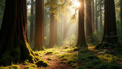 Wall Mural - Sunbeams light up redwood forest with magical glow.