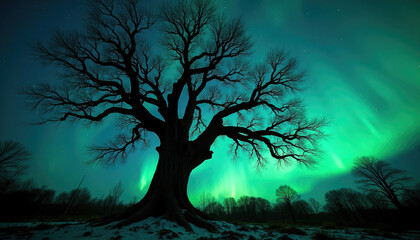 Wall Mural - Silhouette of a large tree against a vibrant green aurora borealis under a starry night sky.