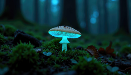 Wall Mural - Glowing mushroom in a dark forest  bioluminescent magic  enchanting nature.