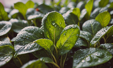 Poster - Bunch of green leaves with water droplets on them. The leaves are in a garden