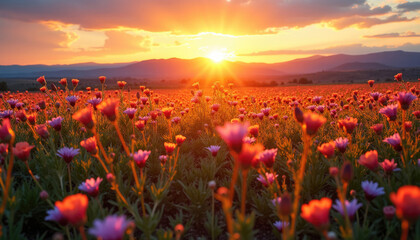 Canvas Print - Vibrant sunset illuminates a vast field of colorful flowers  creating a breathtaking scene.