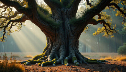 Wall Mural - Ancient oak tree with exposed roots in morning sunlight.