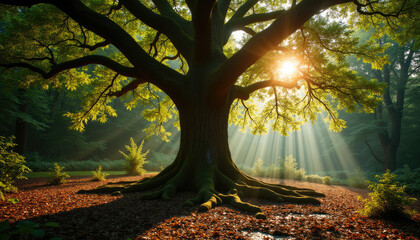 Wall Mural - Ancient tree with sprawling roots and vibrant green foliage.