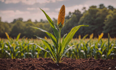 Poster - Tall stalk of corn is growing in a field. The stalk is green and yellow. The field is full of corn plants