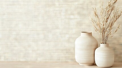 Wall Mural -   A pair of white vases rest atop a wooden table beside the wall