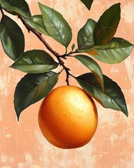 Wall Mural - A close-up of a ripe orange hanging from a green leaf-covered branch. The orange is vibrant and glistening, set against a soft, textured peach background.