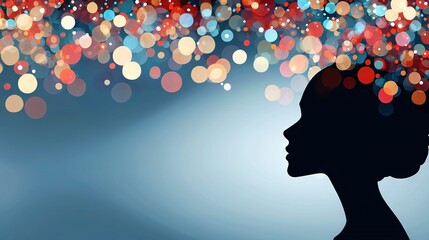 Sticker -   A woman's head in silhouette against multi-colored boke of light on blue background