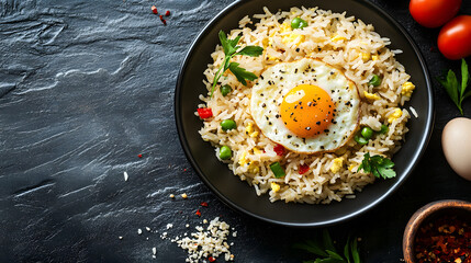 Wall Mural - Traditional fried egg rice, gourmet tasty top view, healthy asian plate delicious, authentic cuisine dinner, fresh homemade oriental, copy space.