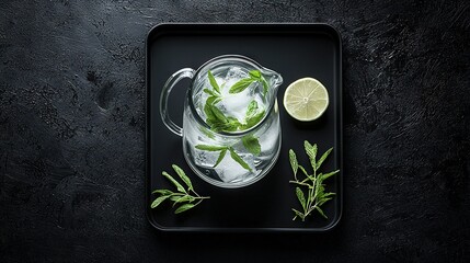 Poster -  A black tray holds a glass of water and a lemon wedge beside a lime slice