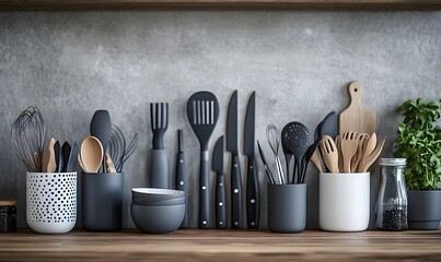 A monochromatic theme with kitchen utensils in shades of gray or white arranged on a wooden table