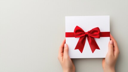 Wall Mural - Elegant Gift Box with Red Ribbon Held by Hands