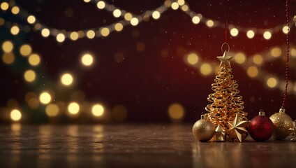 Wall Mural - A small gold Christmas tree sits on a dark surface, surrounded by gold and red ornaments. Warm lights and blurred festive details are in the background.

