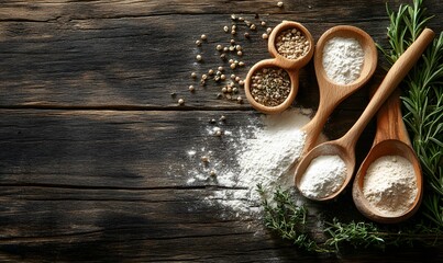 Wall Mural - Kitchen utensils combined with raw ingredients like flour and herbs on a wooden table