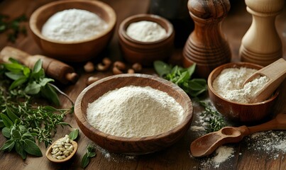 Wall Mural - Kitchen utensils combined with raw ingredients like flour and herbs on a wooden table