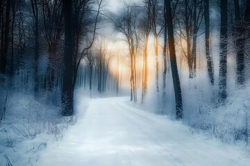 Canvas Print - snow covered road in winter forest landscape