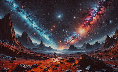 Wall Mural - Man is walking in a desert with a large planet in the background. The planet is surrounded by a large cloud of gas