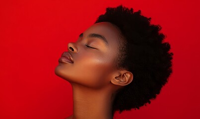 Wall Mural - person with eyes closed, head tilted back, and a serene expression, against a vibrant red background.