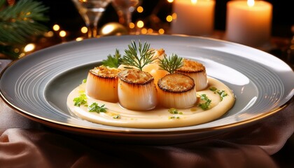 A scallop dish plated with elegant swirls of cream sauce and festive table decor.