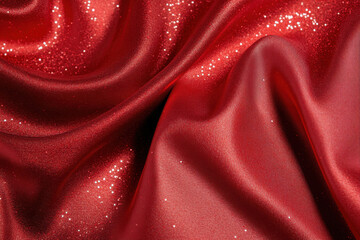 Wall Mural - Beautiful red silk satin material texture background with drapery and wavy folds. Luxury red silk with glitter. Elegant silky fabric background