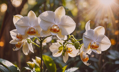 Poster - Bunch of white flowers with yellow centers. The flowers are in a field. The sun is shining on the flowers
