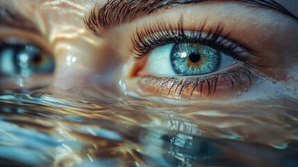 Wall Mural -   A close-up of a woman's blue eyes with long lashes and a freckled body of water in the foreground