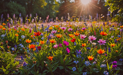 Poster - Field of flowers with a sun shining on them. The flowers are of various colors including pink, purple, and yellow