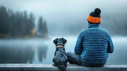 Wall Mural -  A person relaxing with their furry friend by the water's edge, surrounded by towering trees