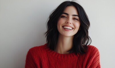 Wall Mural - An isolated photo of a tanned brunette woman with dark hair, wearing a red casual sweater and smiling pleasantly. She is in a good mood. The brunette celebrates her positive moment