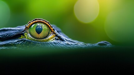 Poster -   A sharp image of a frog's eye on top of a leaf surrounded by a softly blurred background