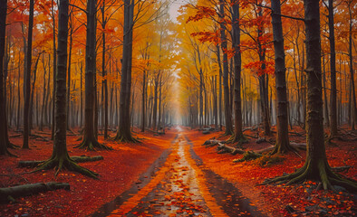 Poster - Road in a forest with trees on both sides. The road is wet and covered in leaves