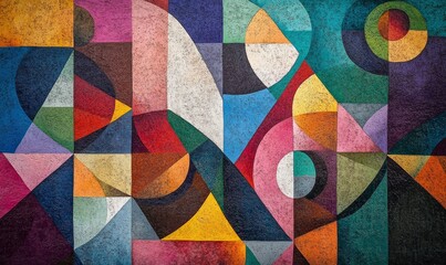 Wall Mural - Closeup of a street art mural with a colorful, geometric texture. The artist used a variety of shapes and patterns to create a visually stunning and complex texture that draws the viewer